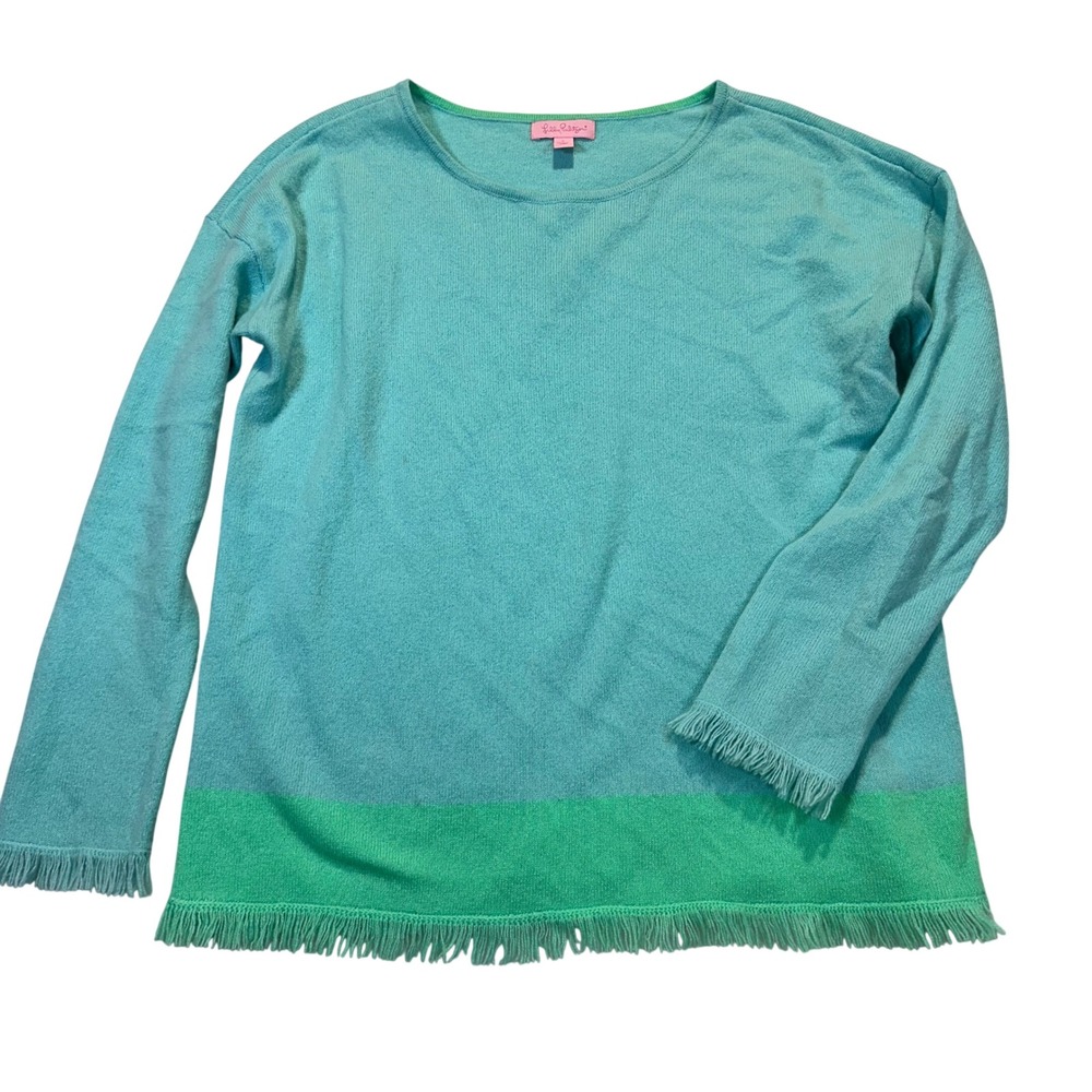 Lilly Pulitzer Cashmere Sweater Womens Small Turquoise Green Fringe Coastal Boho